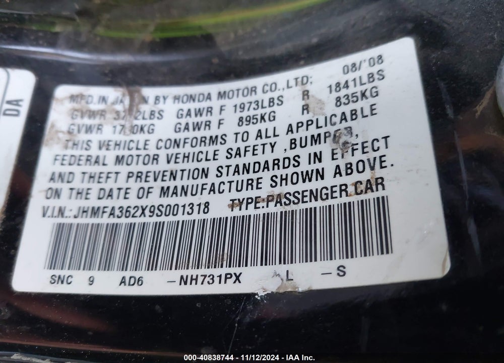 2009 HONDA CIVIC HYBRID VIN: JHMFA362X9S001318