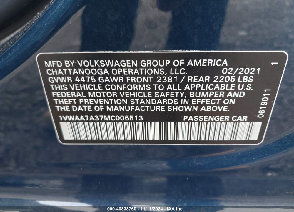2021 VOLKSWAGEN PASSAT VIN: 1VWAA7A37MC006513