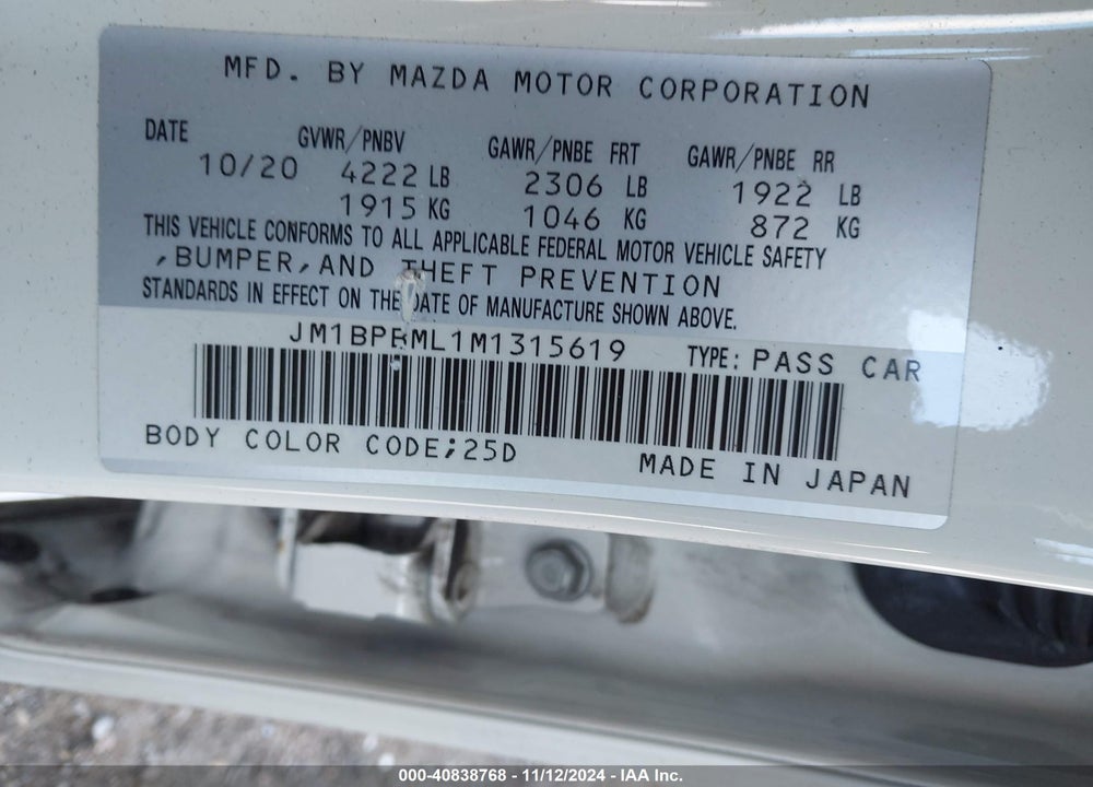 2021 MAZDA 3 PREMIUM VIN: JM1BPBML1M1315619