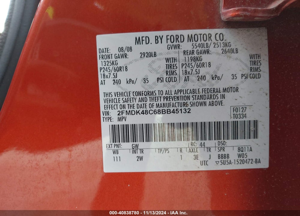 2008 FORD EDGE SEL VIN: 2FMDK48C68BB45132