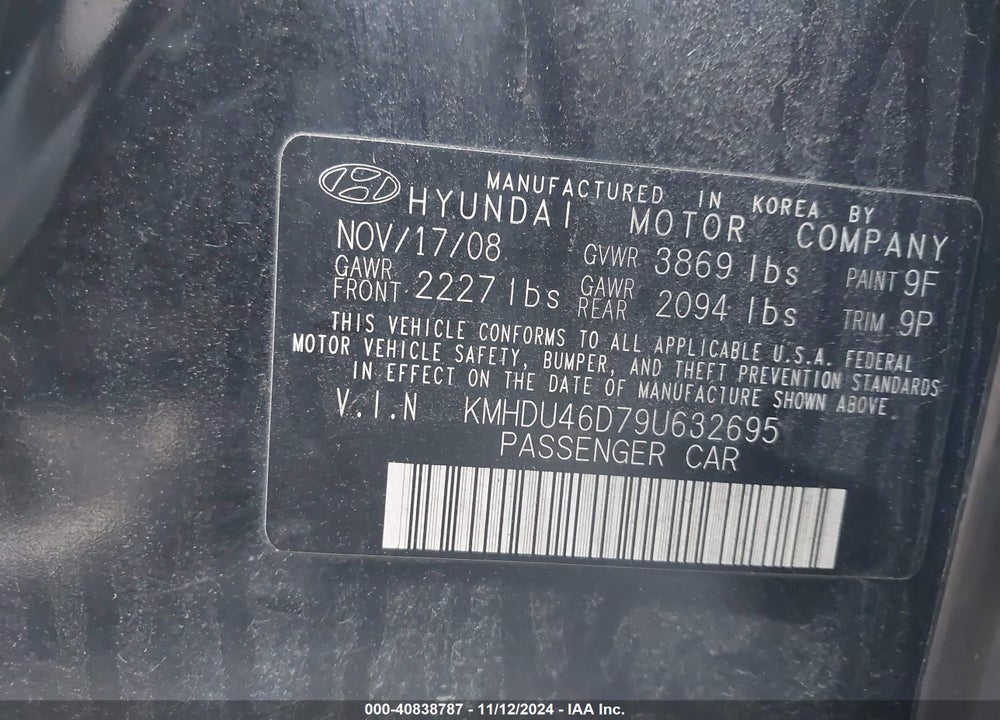 2009 HYUNDAI ELANTRA SE VIN: KMHDU46D79U632695