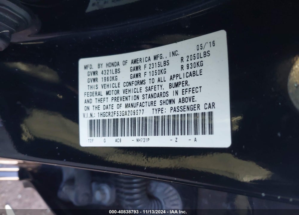 2016 HONDA ACCORD VIN: 1HGCR2F53GA209577