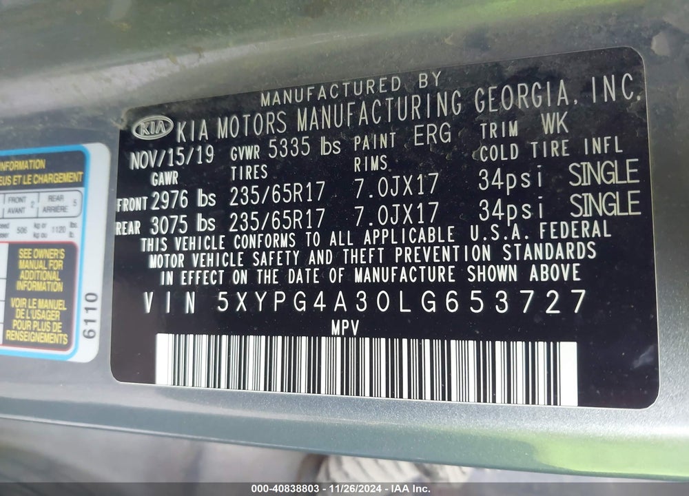 2020 KIA SORENTO 2.4L L VIN: 5XYPG4A30LG653727