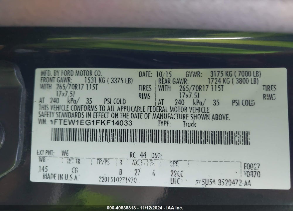 2015 FORD F-150 XL VIN: 1FTEW1EG1FKF14033