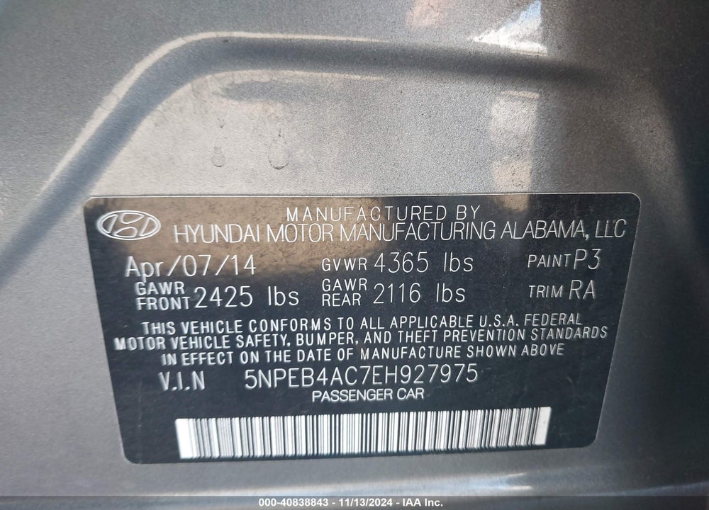 2014 HYUNDAI SONATA GLS VIN: 5NPEB4AC7EH927975