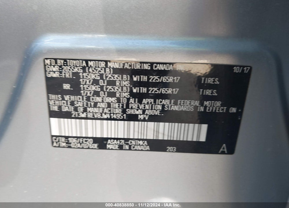 2018 TOYOTA RAV4 XLE VIN: 2T3WFREV8JW414951