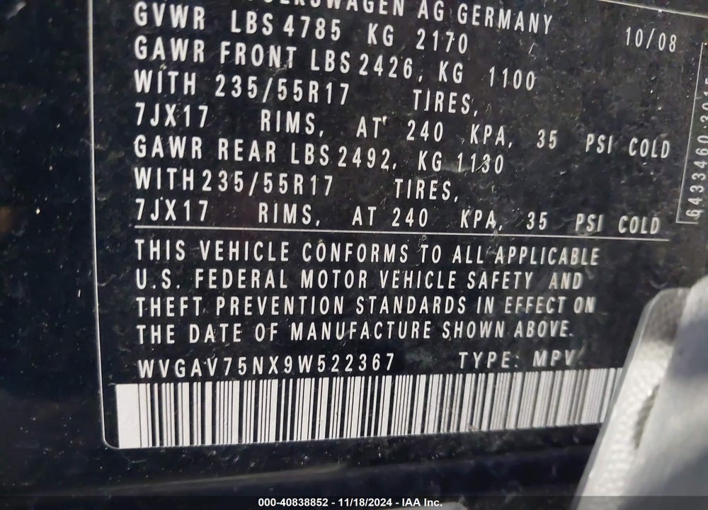 2009 VOLKSWAGEN TIGUAN VIN: WVGAV75NX9W522367
