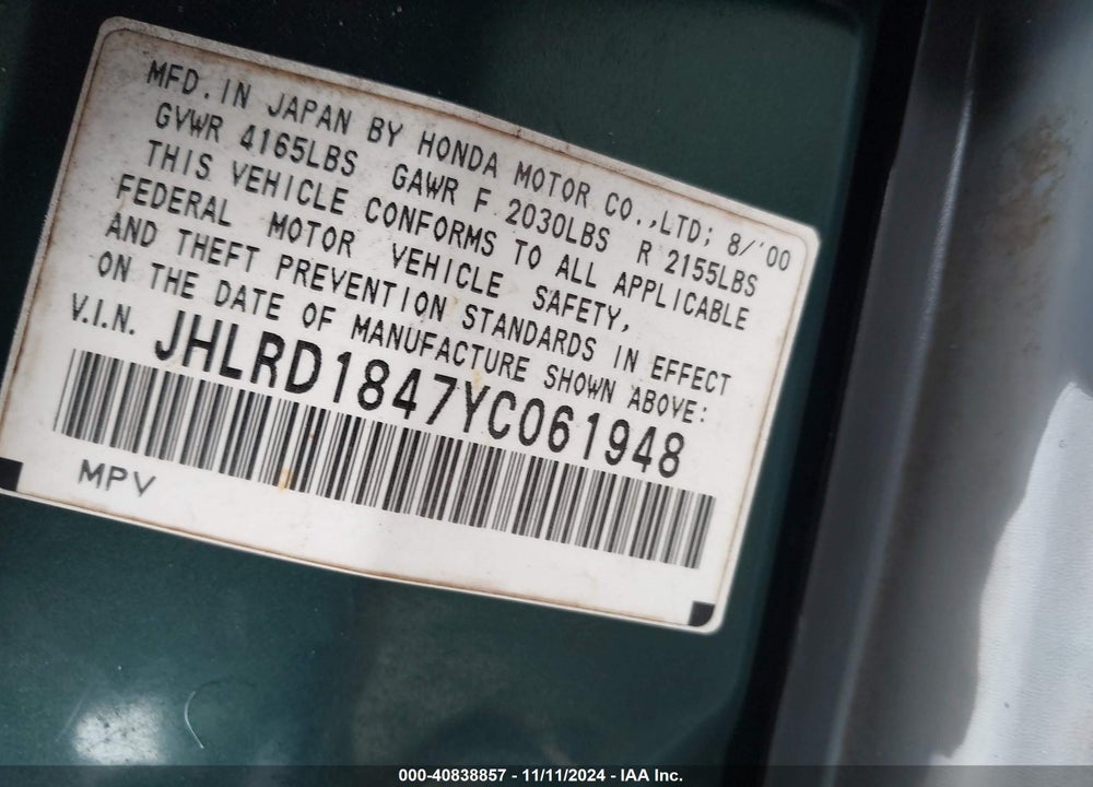 2000 HONDA CR-V LX VIN: JHLRD1847YC061948