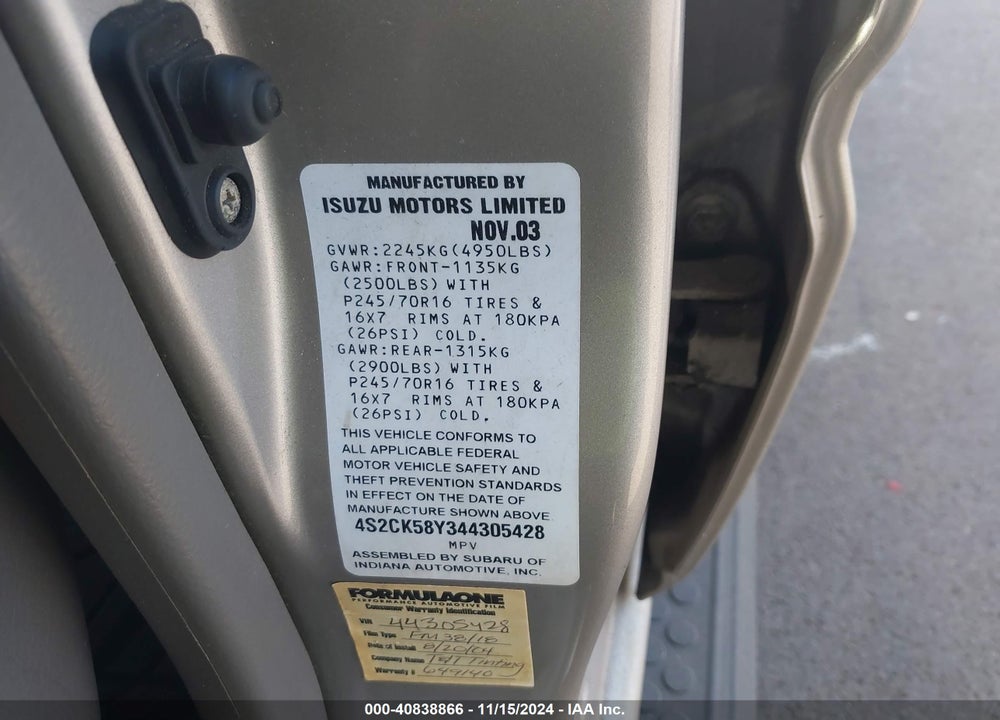 2004 ISUZU RODEO S 3.5L V6 VIN: 4S2CK58Y344305428