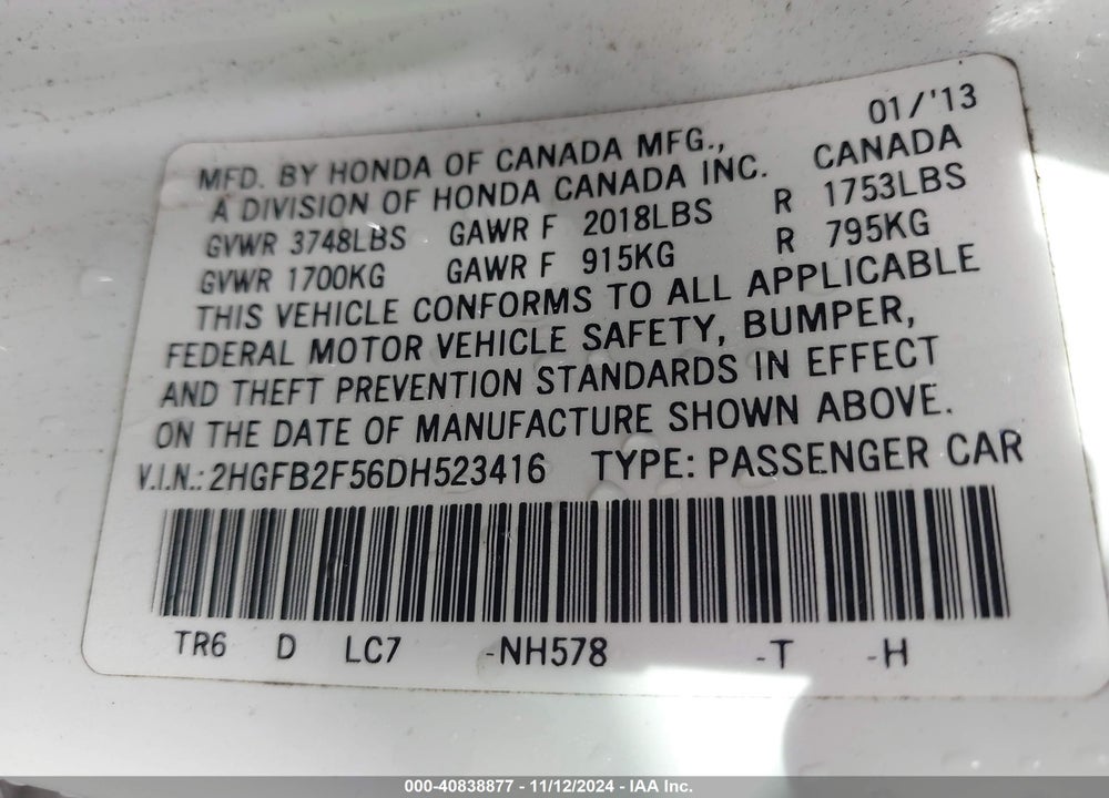 2013 HONDA CIVIC LX VIN: 2HGFB2F56DH523416