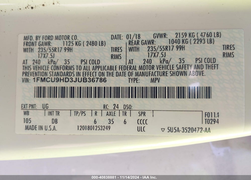 2018 FORD ESCAPE SEL VIN: 1FMCU9HD3JUB36786