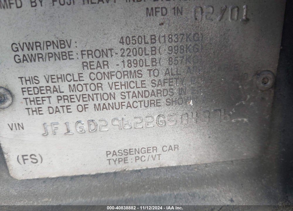 2002 SUBARU IMPREZA WRX VIN: JF1GD29622G504376