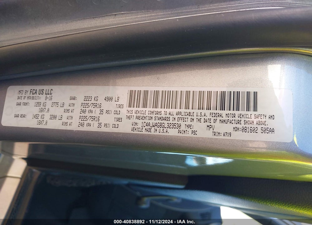 2016 JEEP WRANGLER SPORT VIN: 1C4AJWAG8GL323530