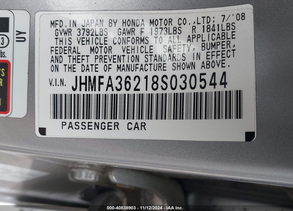 2008 HONDA CIVIC HYBRID VIN: JHMFA36218S030544