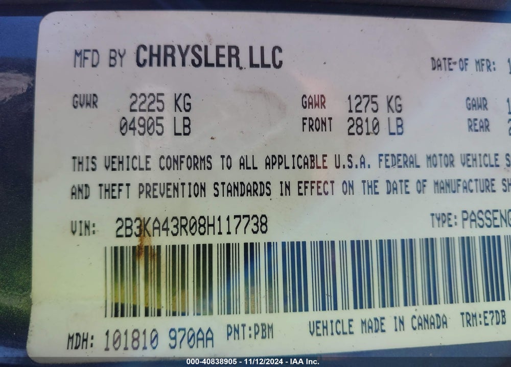 2008 DODGE CHARGER VIN: 2B3KA43R08H117738