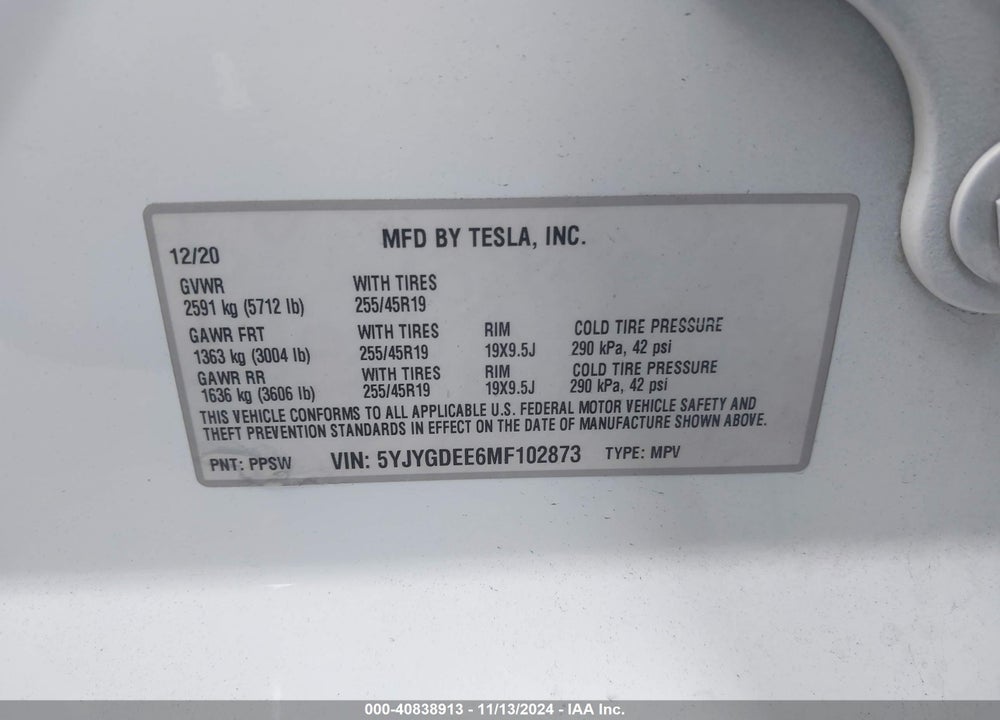 2021 TESLA MODEL Y LONG RANGE DUAL MOTOR ALL-WHEEL DRIVE VIN: 5YJYGDEE6MF102873