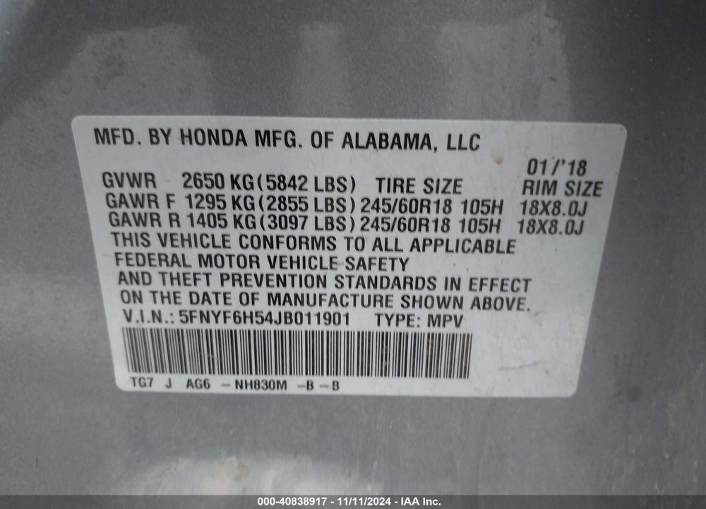 2018 HONDA PILOT EX-L VIN: 5FNYF6H54JB011901