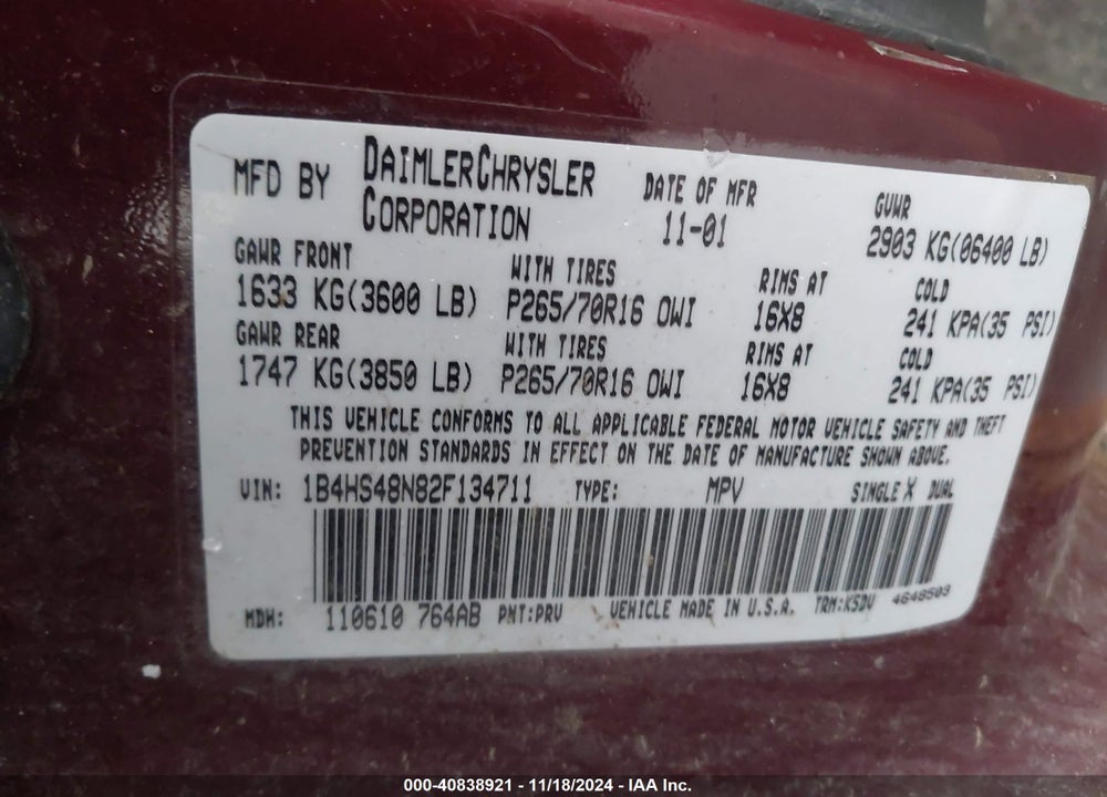 2002 DODGE DURANGO SLT VIN: 1B4HS48N82F134711