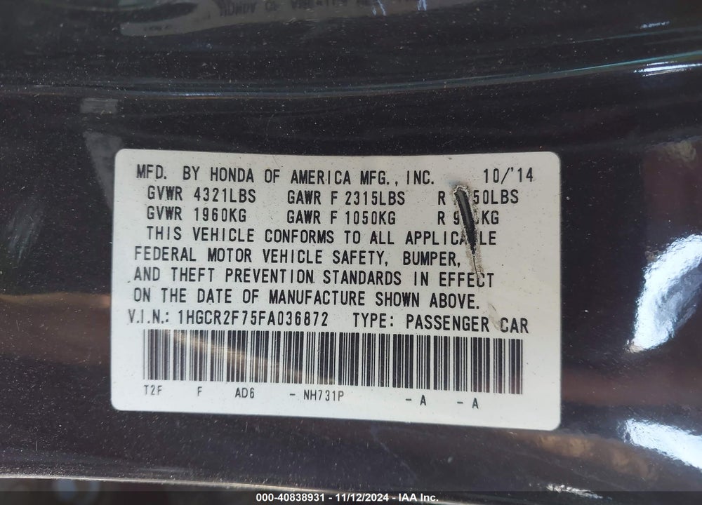 2015 HONDA ACCORD EX VIN: 1HGCR2F75FA036872