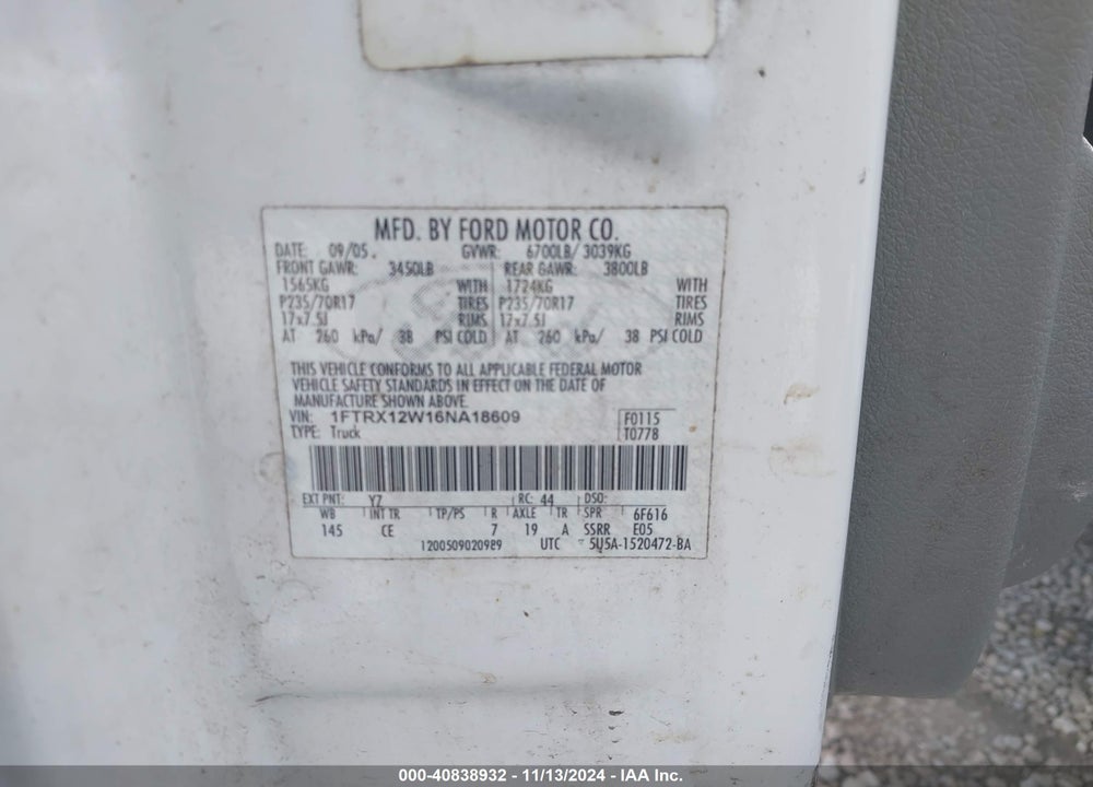 2006 FORD F-150 STX/XL/XLT VIN: 1FTRX12W16NA18609