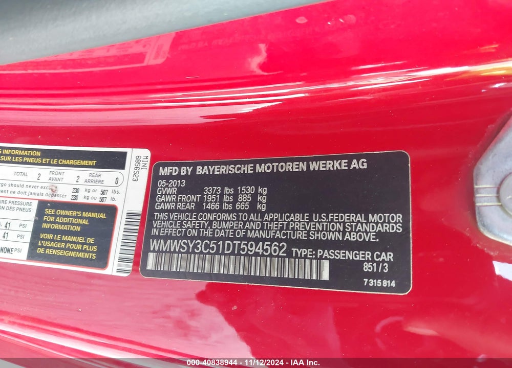2013 MINI ROADSTER COOPER S VIN: WMWSY3C51DT594562