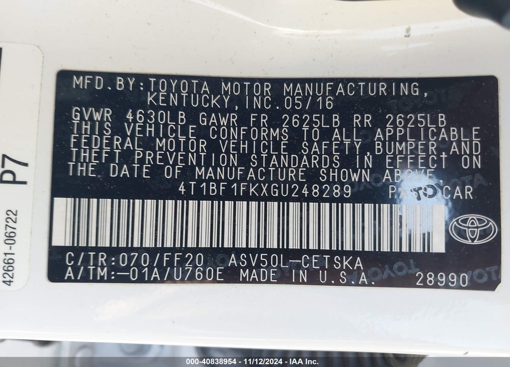 2016 TOYOTA CAMRY SE VIN: 4T1BF1FKXGU248289