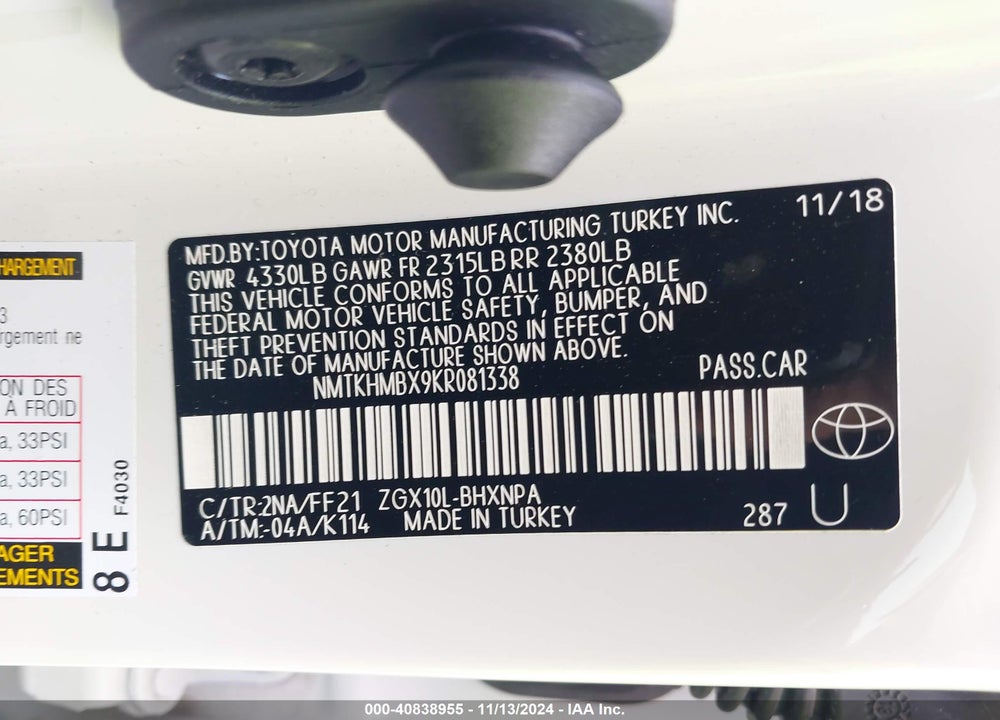 2019 TOYOTA C-HR XLE VIN: NMTKHMBX9KR081338