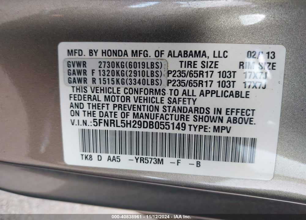 2013 HONDA ODYSSEY LX VIN: 5FNRL5H29DB055149