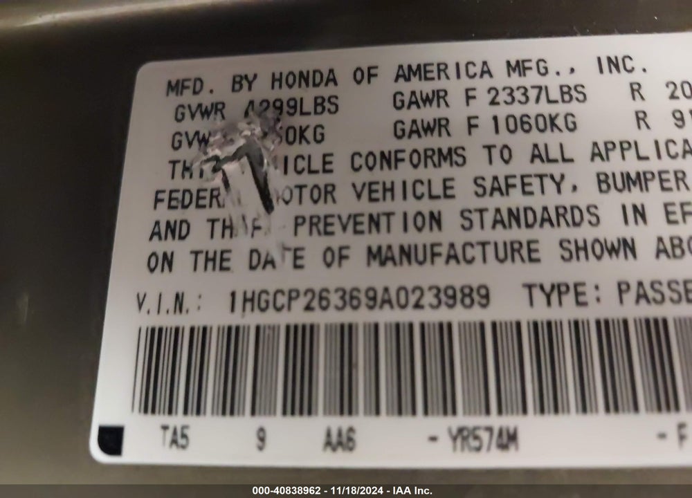 2009 HONDA ACCORD 2.4 LX VIN: 1HGCP26369A023989