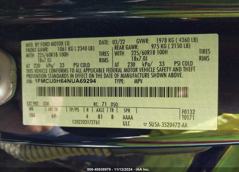 2022 FORD ESCAPE SEL VIN: 1FMCU0H64NUA69294