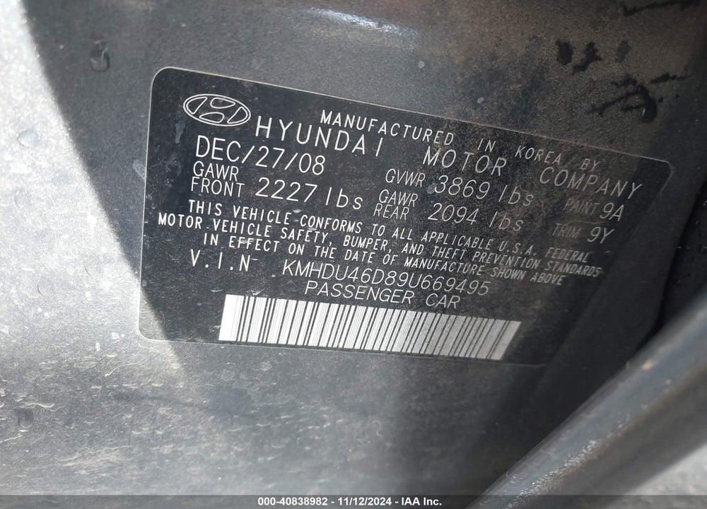 2009 HYUNDAI ELANTRA VIN: KMHDU46D89U669495