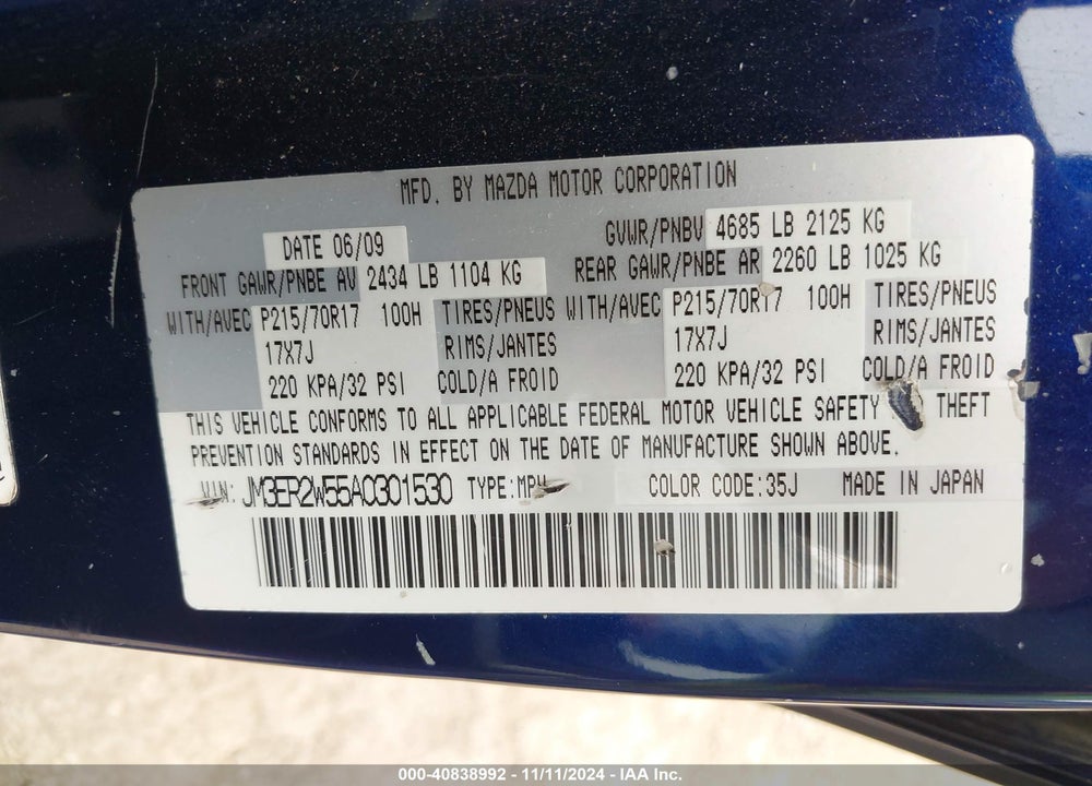 2010 MAZDA CX-7 I SPORT VIN: JM3ER2W55A0301530