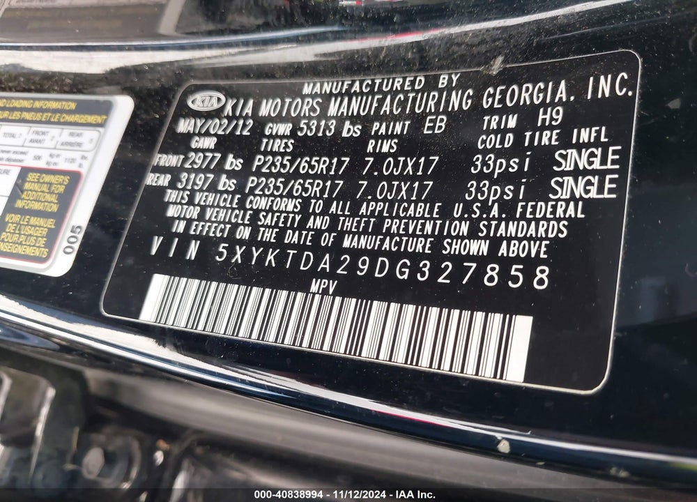 2013 KIA SORENTO LX V6 VIN: 5XYKTDA29DG327858