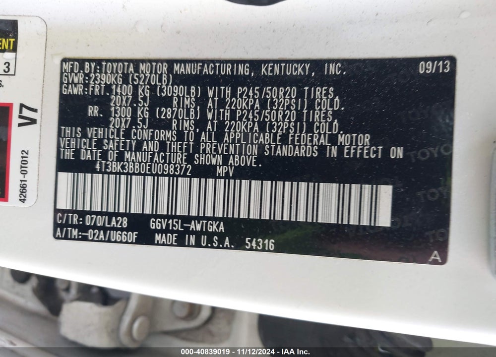 2014 TOYOTA VENZA XLE V6 VIN: 4T3BK3BB0EU098372