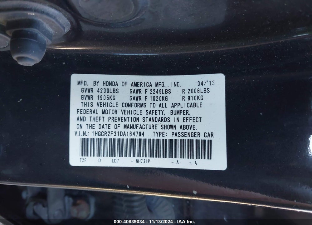 2013 HONDA ACCORD LX VIN: 1HGCR2F31DA164794