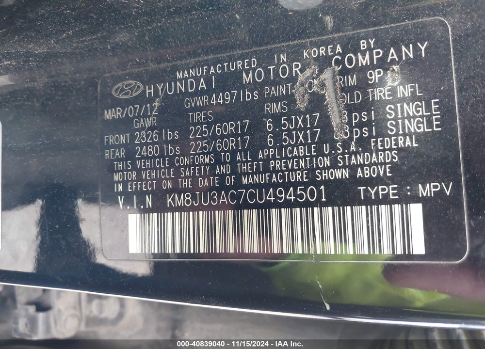 2012 HYUNDAI TUCSON GLS VIN: KM8JU3AC7CU494501