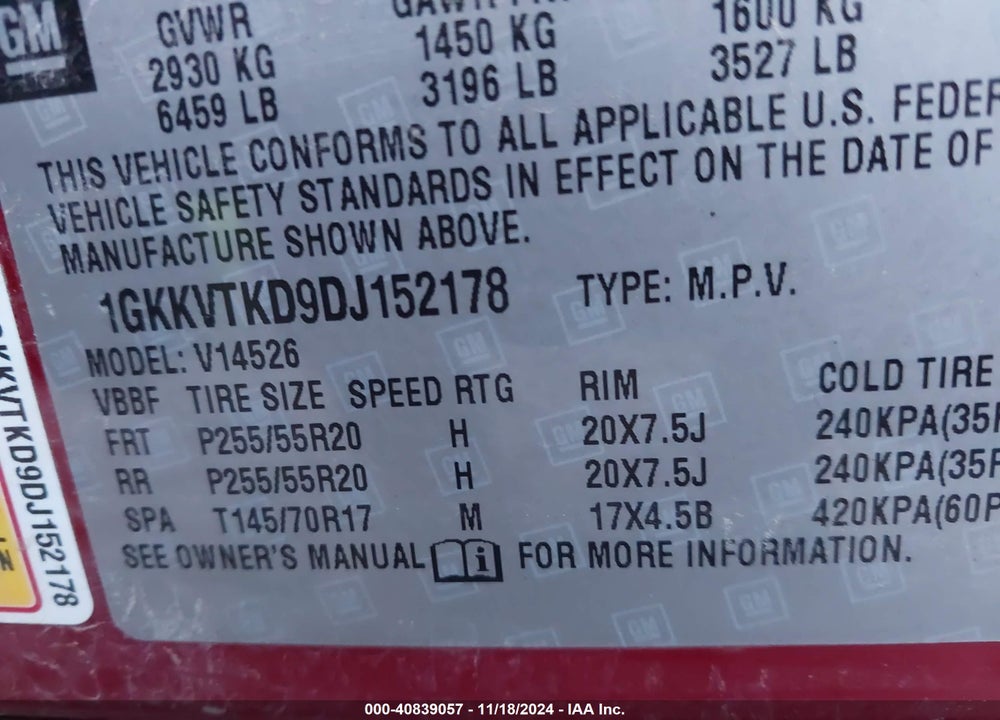2013 GMC ACADIA DENALI VIN: 1GKKVTKD9DJ152178