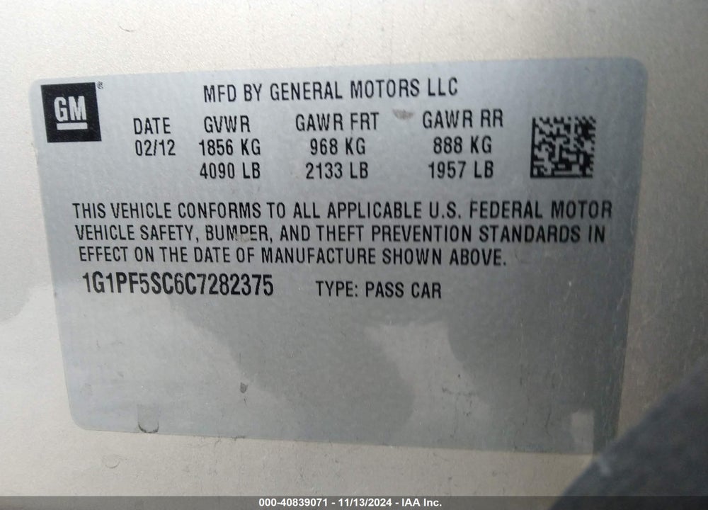 2012 CHEVROLET CRUZE 1LT VIN: 1G1PF5SC6C7282375