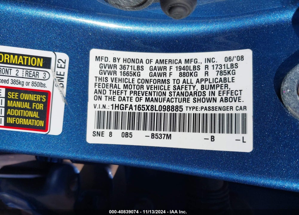 2008 HONDA CIVIC LX VIN: 1HGFA165X8L098885