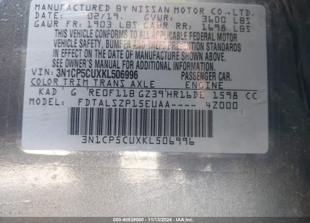2019 NISSAN KICKS SV VIN: 3N1CP5CUXKL506996