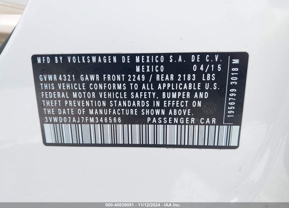 2015 VOLKSWAGEN JETTA VIN: 3VWD07AJ7FM346566