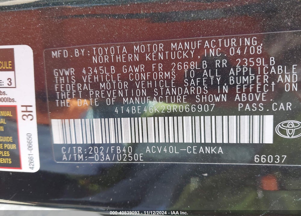 2009 TOYOTA CAMRY LE VIN: 4T4BE46K29R066907