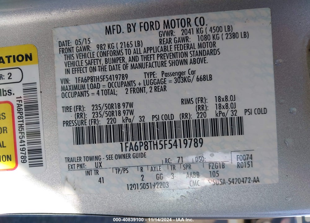 2015 FORD MUSTANG ECOBOOST VIN: 1FA6P8TH5F5419789