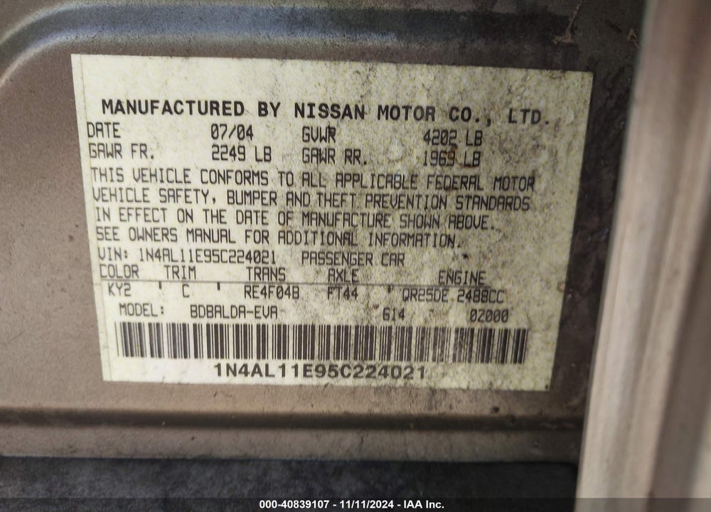 2005 NISSAN ALTIMA 2.5 S VIN: 1N4AL11E95C224021