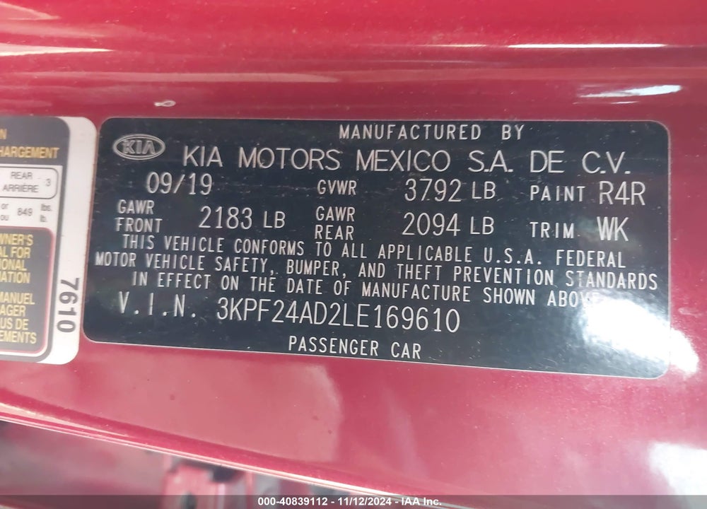 2020 KIA FORTE LXS VIN: 3KPF24AD2LE169610