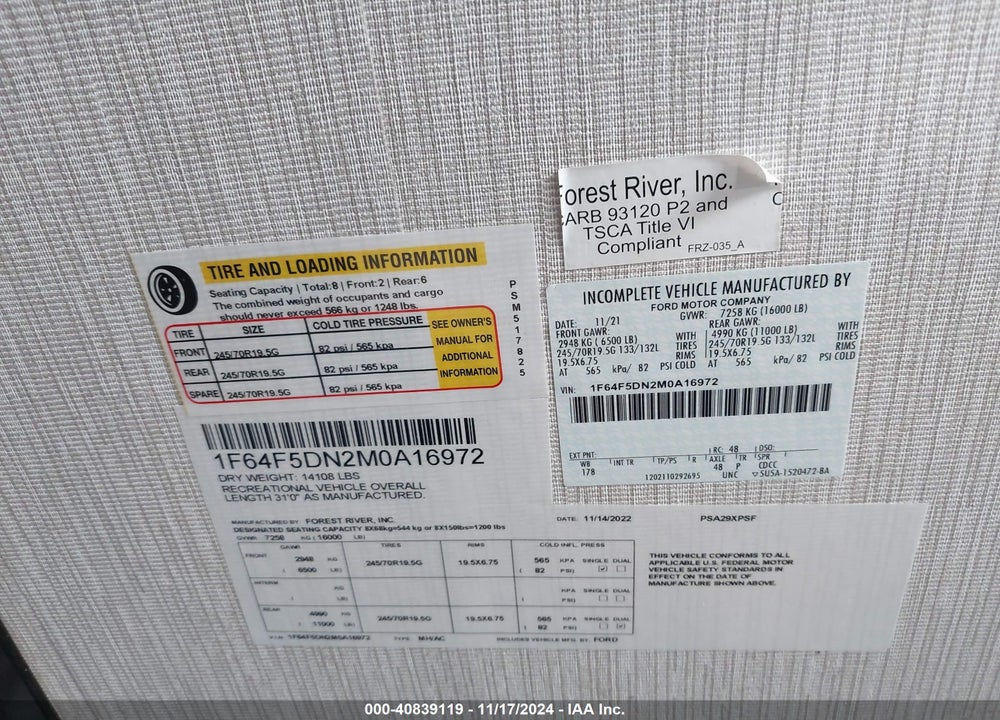 2021 FORD F53 VIN: 1F64F5DN2M0A16972