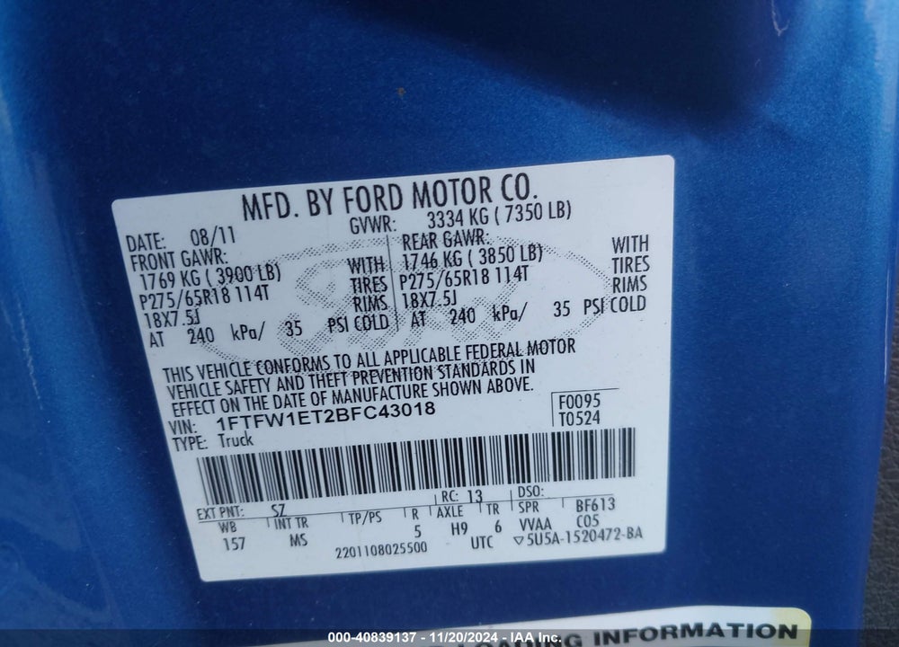 2011 FORD F-150 XLT VIN: 1FTFW1ET2BFC43018