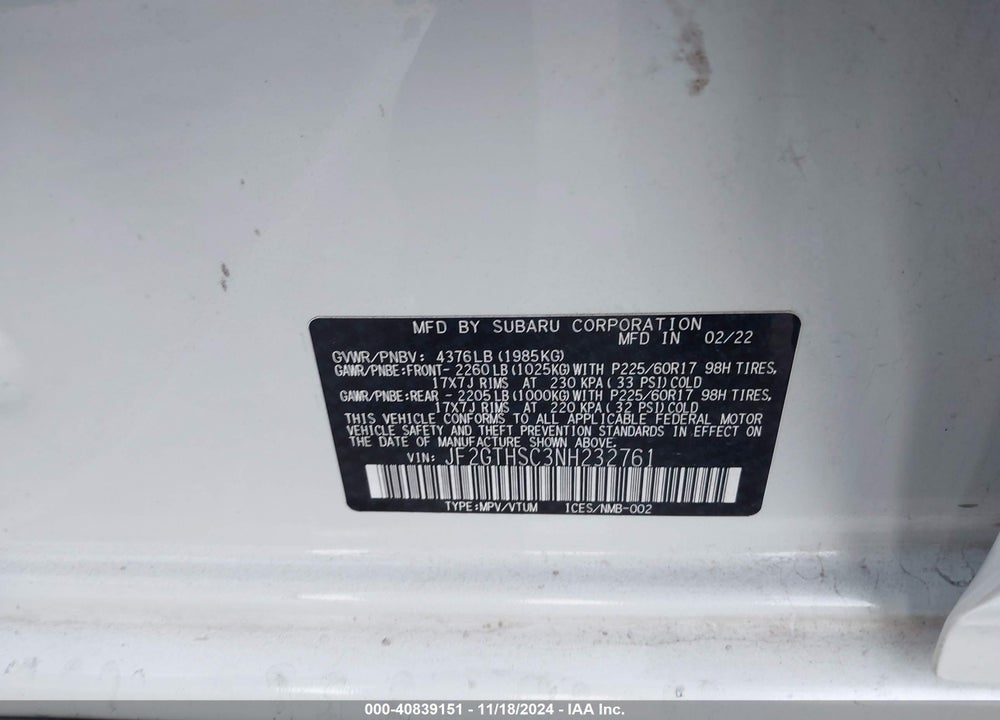 2022 SUBARU CROSSTREK SPORT VIN: JF2GTHSC3NH232761