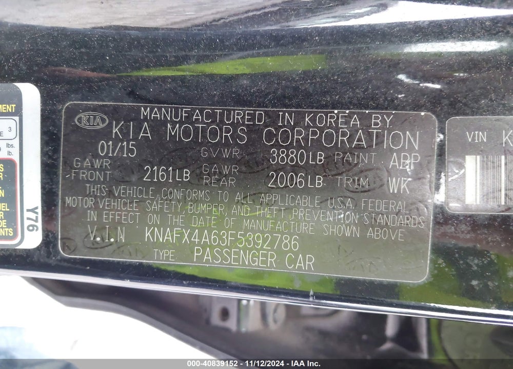 2015 KIA FORTE LX VIN: KNAFX4A63F5392786