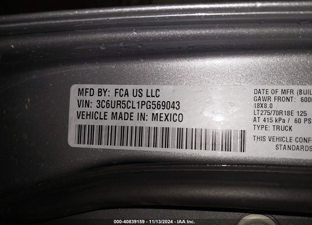 2023 RAM 2500 VIN: 3C6UR5CL1PG569043